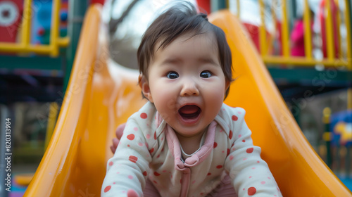 cute Japanese baby girl sliding down the slide at an outdoor playground with happy face © Creativision