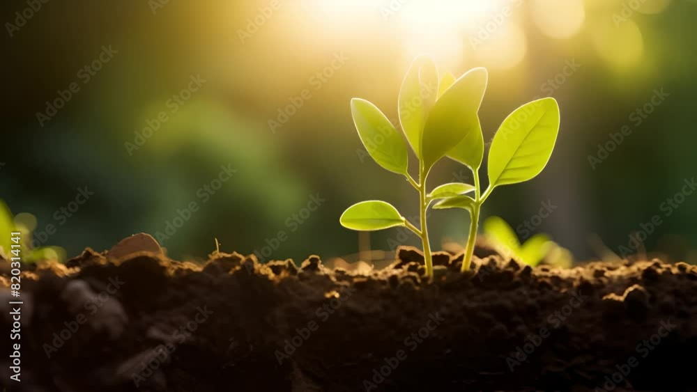 Vibrant young plant emerges from fertile soil, backlit by the golden glow of a sunrise, symbolizing new beginnings, growth, and the beauty of nature's life cycle