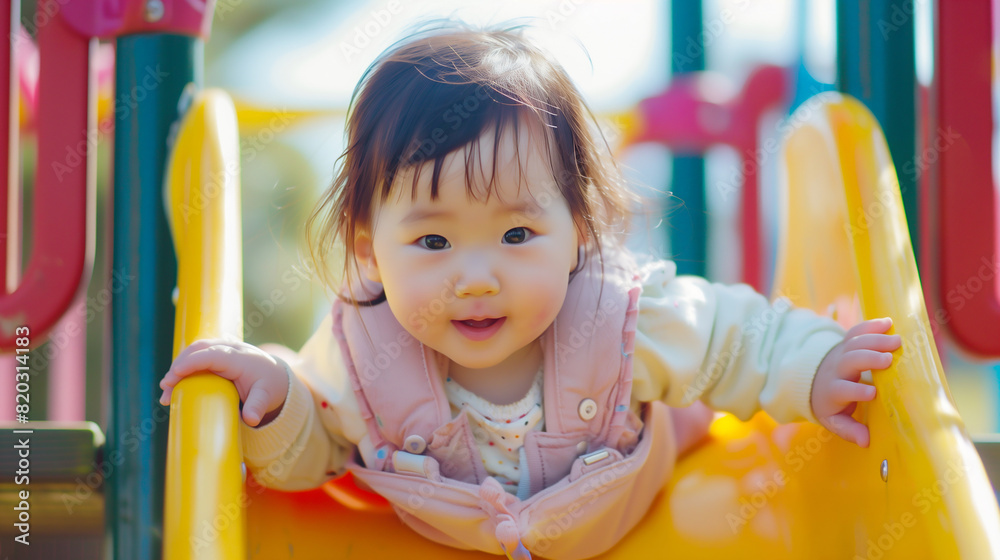 cute Japanese baby girl sliding down the slide at an outdoor playground with happy face cute Japanese baby girl sliding down the slide at an outdoor playground with happy face