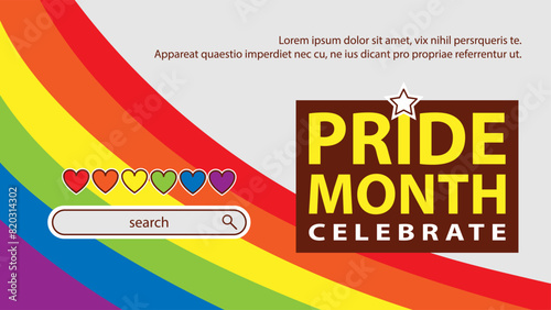 Landing page celebrating LGBT Pride month in June. Lesbians, gays, bisexuals, transsexuals. LGBT flag and heart. Rainbow love concept. Human rights and tolerance. Poster, postcard, banner.