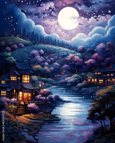 Illustration of a Japanese village in the middle of the night with full moon