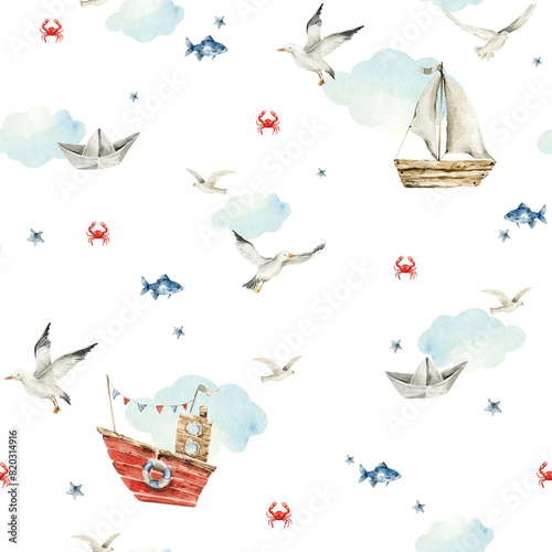 Watercolor seamless sea baby pattern. Endless pattern with beach elements, ship toys, ocean shells, seastar, seagulls, clouds, fish Nursery background. Cute baby pattern for fabric, clothing, textiles
