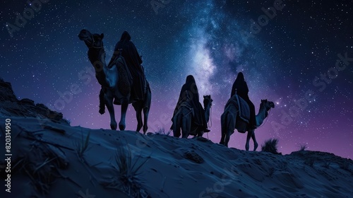 three wise men riding with camels on the desert starry night realistic © Nabeel