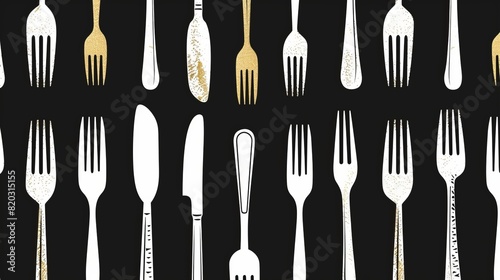 The black background showcases a complex arrangement of forks and knives in gold and white silhouettes. Black creates a visually appealing pattern.