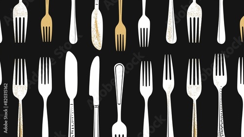 The black background showcases a complex arrangement of forks and knives in gold and white silhouettes. Black creates a visually appealing pattern.