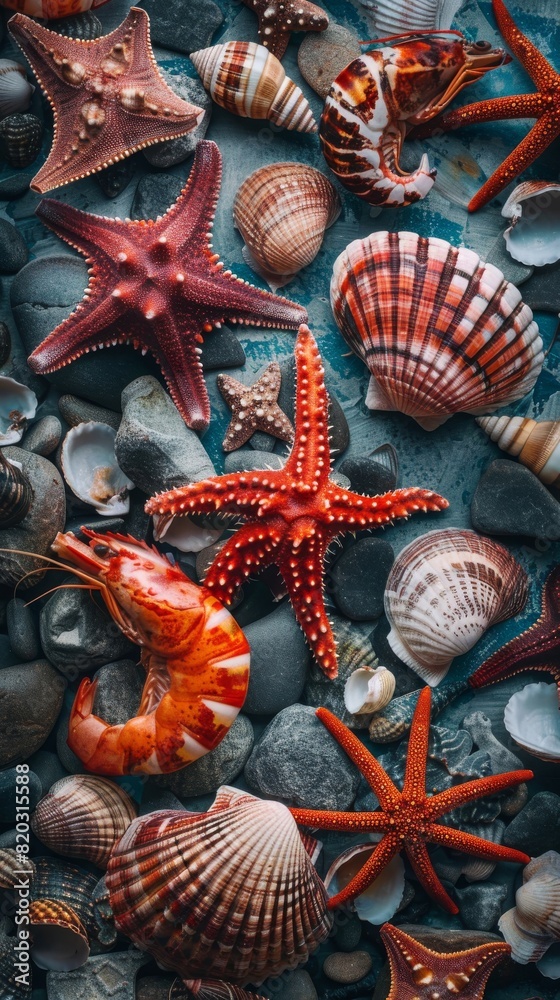 Background full of collage of sea creatures shellfish. Product photography. Background full of collage of sea creatures shellfish. Product photography.