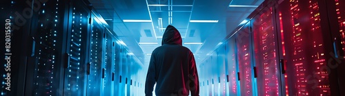 A hacker in a hoodie walking through the server room, a wide shot, epic and cinematic in the style of a movie still with a cyberpunk style, light blue and dark red color grading, high resolution photo photo