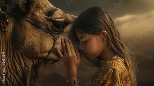A serene moment as a young girl gently connects with a camel at sunset, depicting a bond of trust and companionship in a desert landscape.