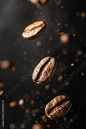 Close-up of coffee beans in mid-air with blurred background  highlighting the texture and detail of the beans  perfect for coffee enthusiasts.