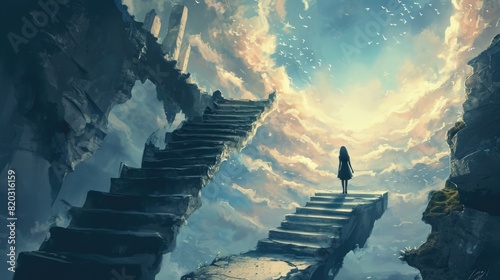 The picture of the young or adult female human doing the walking pose or the standing pose at the stair for exploration the fantasy space that shine with the bright light from sun in daytime. AIGX03.