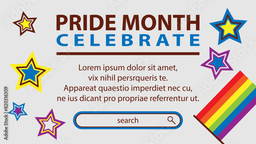 Landing page celebrating LGBT Pride month in June. Lesbians, gays, bisexuals, transsexuals. LGBT flag and heart. Rainbow love concept. Human rights and tolerance. Poster, postcard, banner.