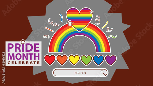 Landing page celebrating LGBT Pride month in June. Lesbians, gays, bisexuals, transsexuals. LGBT flag and heart. Rainbow love concept. Human rights and tolerance. Poster, postcard, banner.