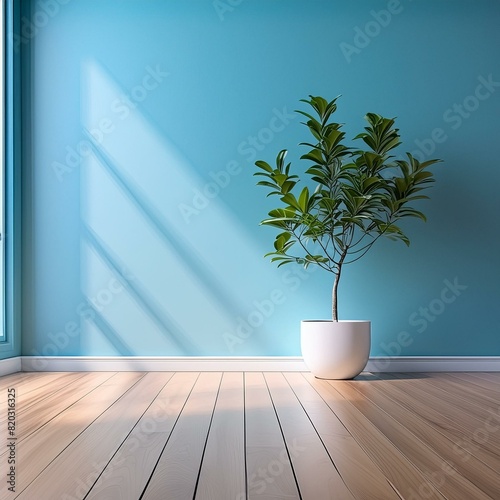 Minimalist-style room bathed in soft daylight, featuring a serene blue wall contrasting with warm wooden flooring. A white potted plant adds a touch of natural elegance