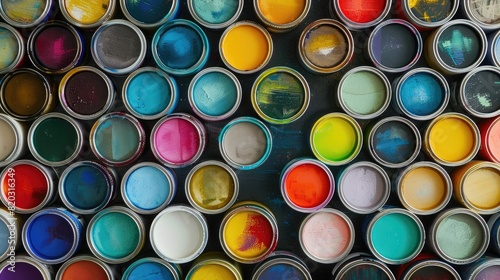 top view many paint colors in a cans realistic