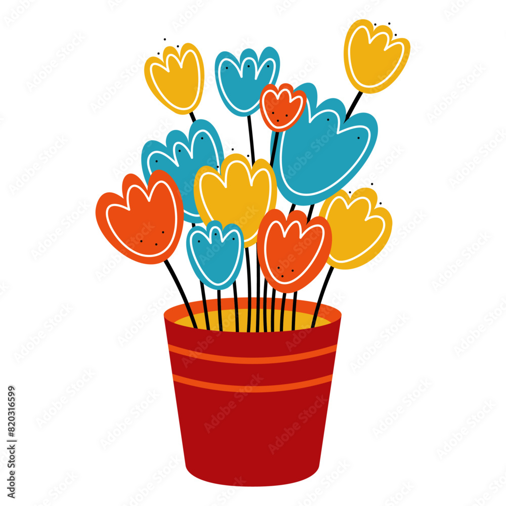 Yellow, orange and blue flowers in a red pot - vector CMYK