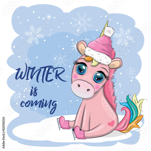 Cute cartoon unicorn in santa hat with gift, christmas ball, candy kane. New Year and Christmas holiday. © MichiruKayo