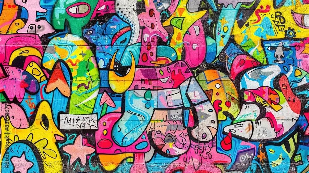 Urban Street Art: Seamless Pattern of Vibrant Graffiti on Weathered Wall