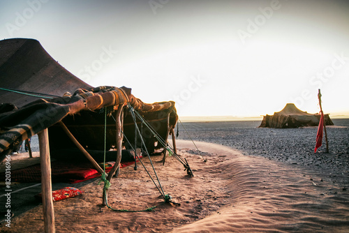 Scene at a nomadic Berber village in the Sahara desert on a beautiful sunrise