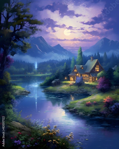 Digital painting of a cottage near the river in the mountains at sunset © Iman