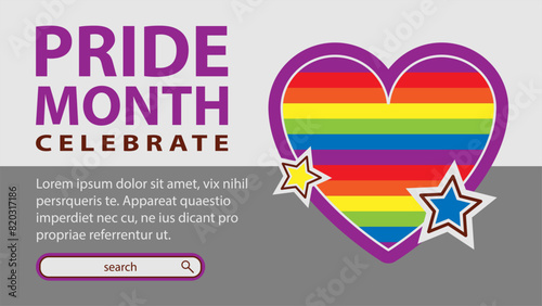 Landing page celebrating LGBT Pride month in June. Lesbians, gays, bisexuals, transsexuals. LGBT flag and heart. Rainbow love concept. Human rights and tolerance. Poster, postcard, banner.