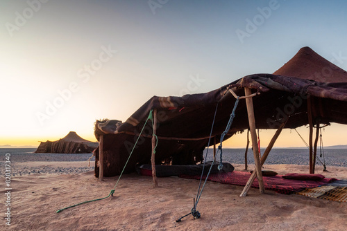 Scene at a nomadic Berber village in the Sahara desert on a beautiful sunrise