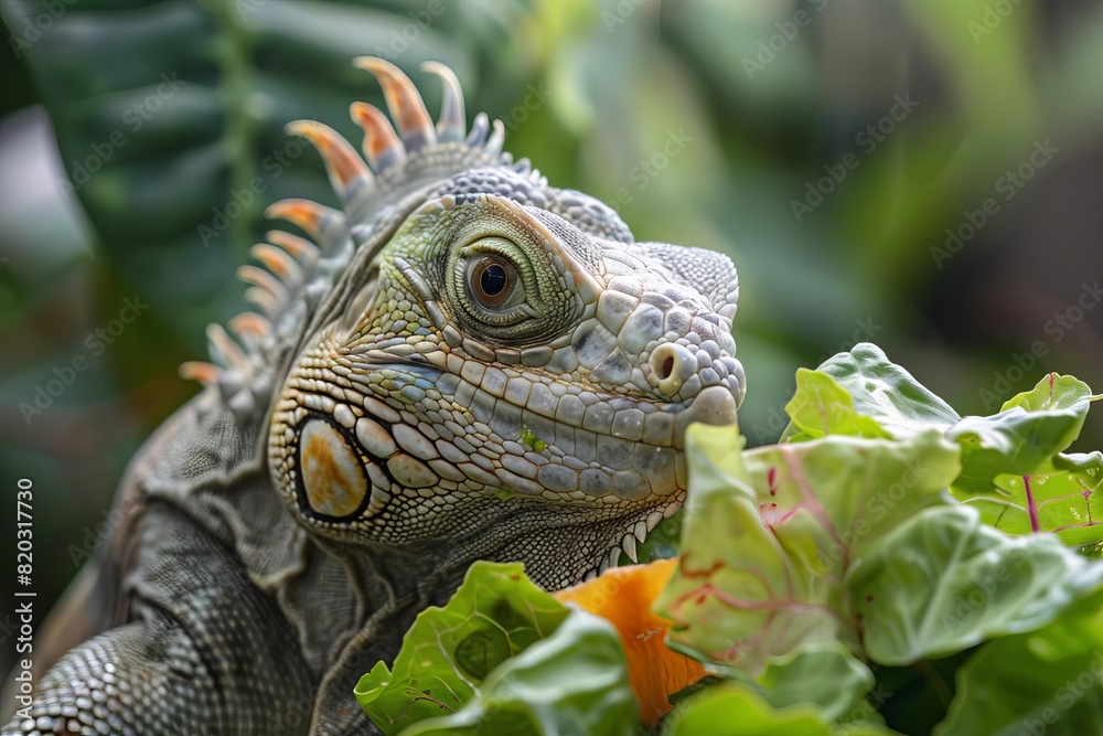 Close-up of a green iguana eating leafy greens with a colorful background. Perfect for nature and wildlife photography collections.