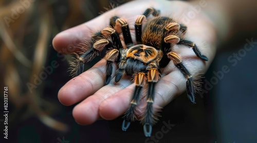 Close-up of a tarantula on a person's hand, showcasing the spider's intricate details and vibrant colors. photo