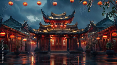 traditional chinese temple at night realistic photo