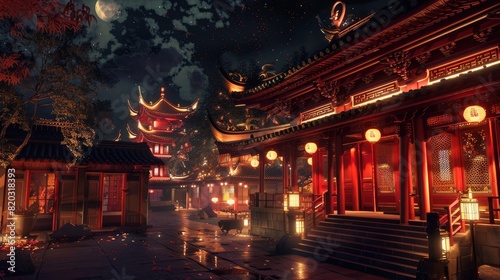 traditional chinese temple at night realistic