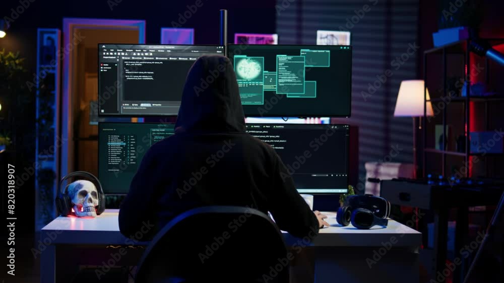 Lone wolf hacker in secret hideout trying to hide online activity after stealing data. Cybercriminal attacking victims PCs using computer virus, trying to avoid being detected, camera B Lone wolf hacker in secret hideout trying to hide online activity after stealing data. Cybercriminal attacking victims PCs using computer virus, trying to avoid being detected, camera B