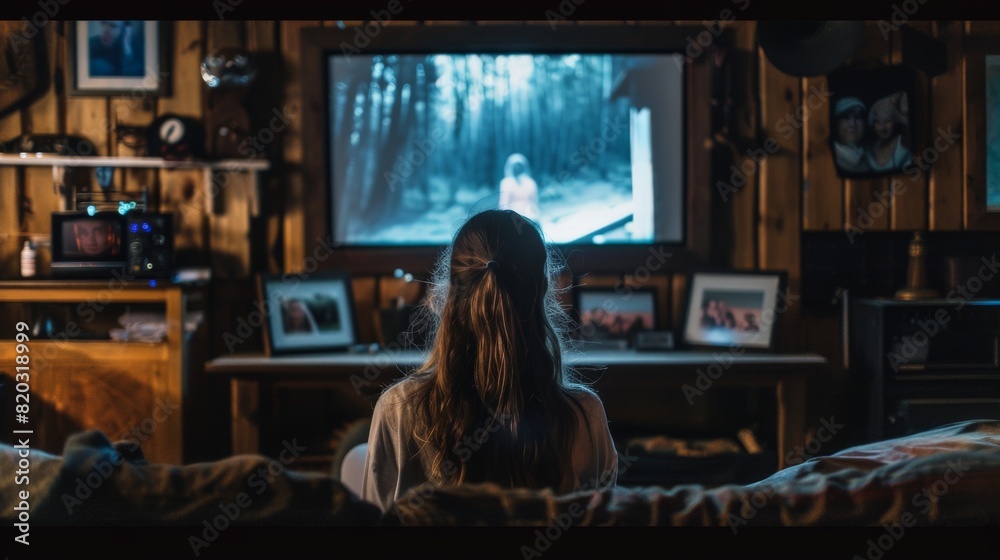 Person Watching a Horror Movie Alone in a Cozy Living Room Person Watching a Horror Movie Alone in a Cozy Living Room