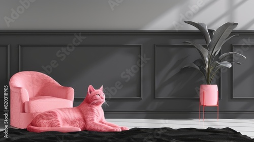 Pink cat lies near sofa on a background of a gray wall, furniture advertising banner