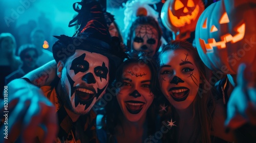 Group of Friends in Scary Halloween Costumes Celebrating at a Party