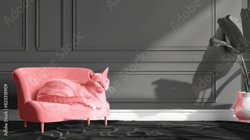 Pink cat lies on the sofa against the background of a gray wall, furniture advertising banner