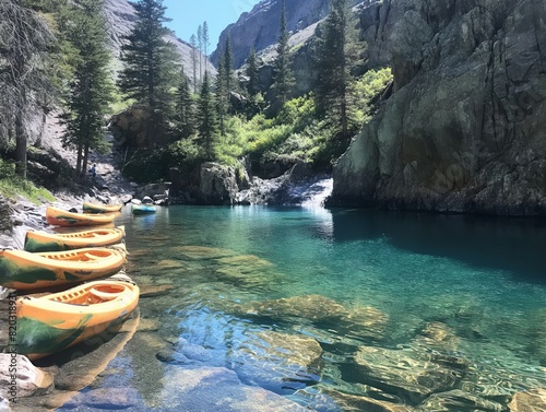 Kayaks rest on the shore of a crystal-clear mountain lake surrounded by rocky cliffs and tall trees photo