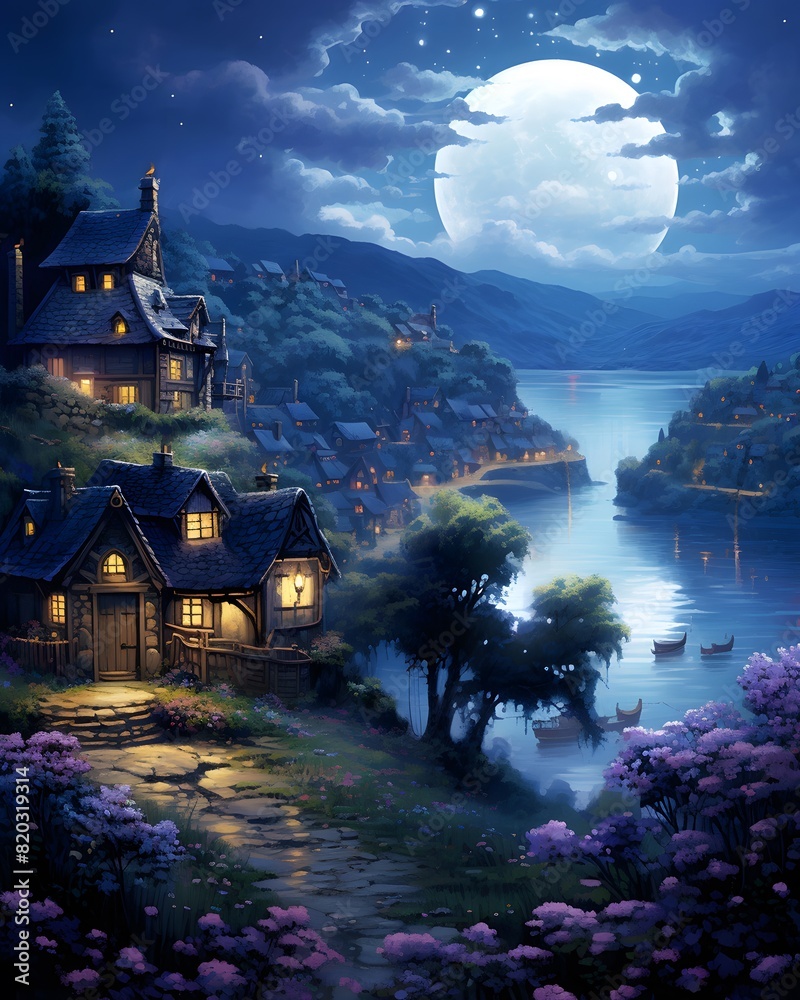 Beautiful night landscape with a village on the bank of the lake