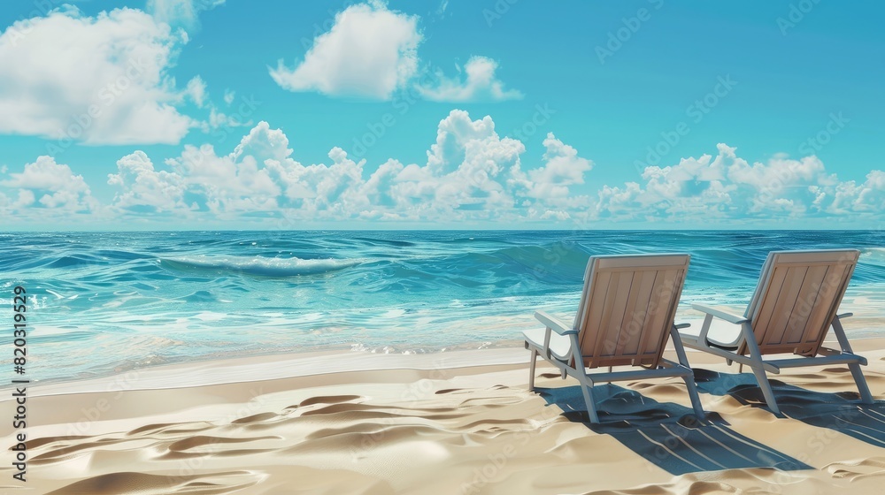 two lounge chairs on a sandy beach with blue sky realistic