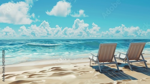 two lounge chairs on a sandy beach with blue sky realistic