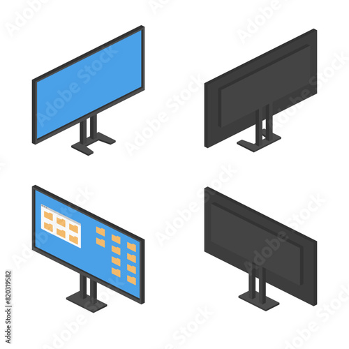 isometric pc monitor tv screen set front back view on transparent background vector flat illustration