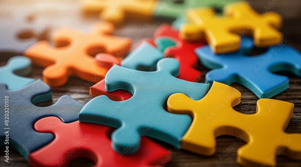 Colorful puzzle pieces on the table, symbolizing diverse elements coming together to form one complete picture. Business collaboration and strategic concept. generative AI