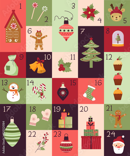 Christmas advent calendar. Surprise cards. gingerbread house and Christmas tree. Christmas tree decorations and magic ball. Sweets - cupcakes and candy cane. Ornamental plants. Vector. Flat style