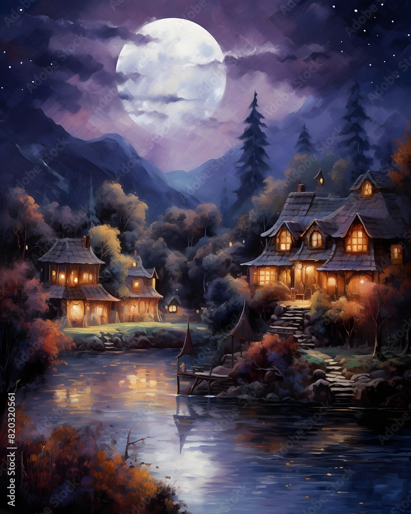 Watercolor painting of a village in the mountains at night with a full moon