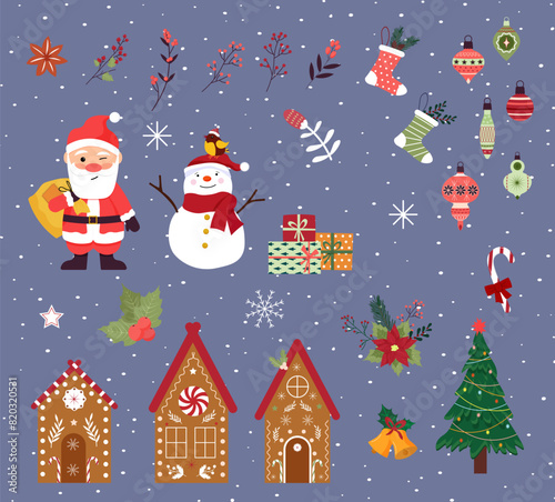 Set of elements for Christmas and New Year. Santa and a bag of gifts, a snowman and gingerbread houses. Christmas tree balls and decorative plants. Festive mood. Vector.