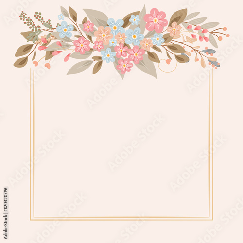 Ozdobna ramka z niezapominajkami. Kwiatowy wianek, botaniczne tło na kartki z życzeniami do wykorzystania na Dzień Matki, wesele, rocznice, zaproszenia ślubne. © Monika