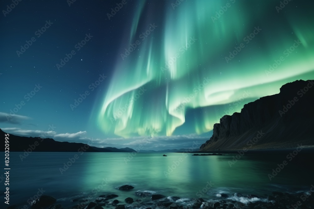 Fototapeta premium Aurora Borealis Illuminating The Majestic Icelandic Coastline At Midnight, Stunning Display Of Northern Lights Reflecting On The Ocean Against The Backdrop Of Twinkling Stars