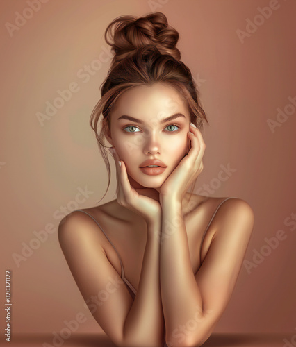 Radiant Beauty portrait of a young woman with a gentle expression against warm neutral background. Symbolizes purity, elegance, and natural beauty. Perfect for campaigns focused on fashion, cosmetics