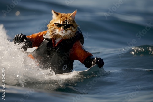 Adventurous Ginger Cat in Stylish Retro Sunglasses Masterfully Rides Vintage Water Skis Across the Majestic Swells of the Ocean, Enjoying the Thrill of the Surf on a Sunny Summer Day