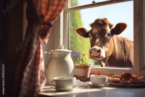 Cow peering through a window into a cozy kitchen with a breakfast setup. photo