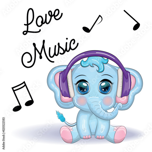 Cute cartoon elephant, childish character with beautiful eyes wearing headphones, music lover listening to music or learning lessons
