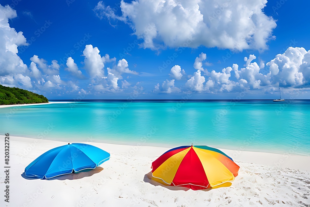 Capture a pristine beach scene with clear turquoise waters, soft white sand, and a colorful beach umbrella under a bright blue sky. Capture a pristine beach scene with clear turquoise waters, soft white sand, and a colorful beach umbrella under a bright blue sky.